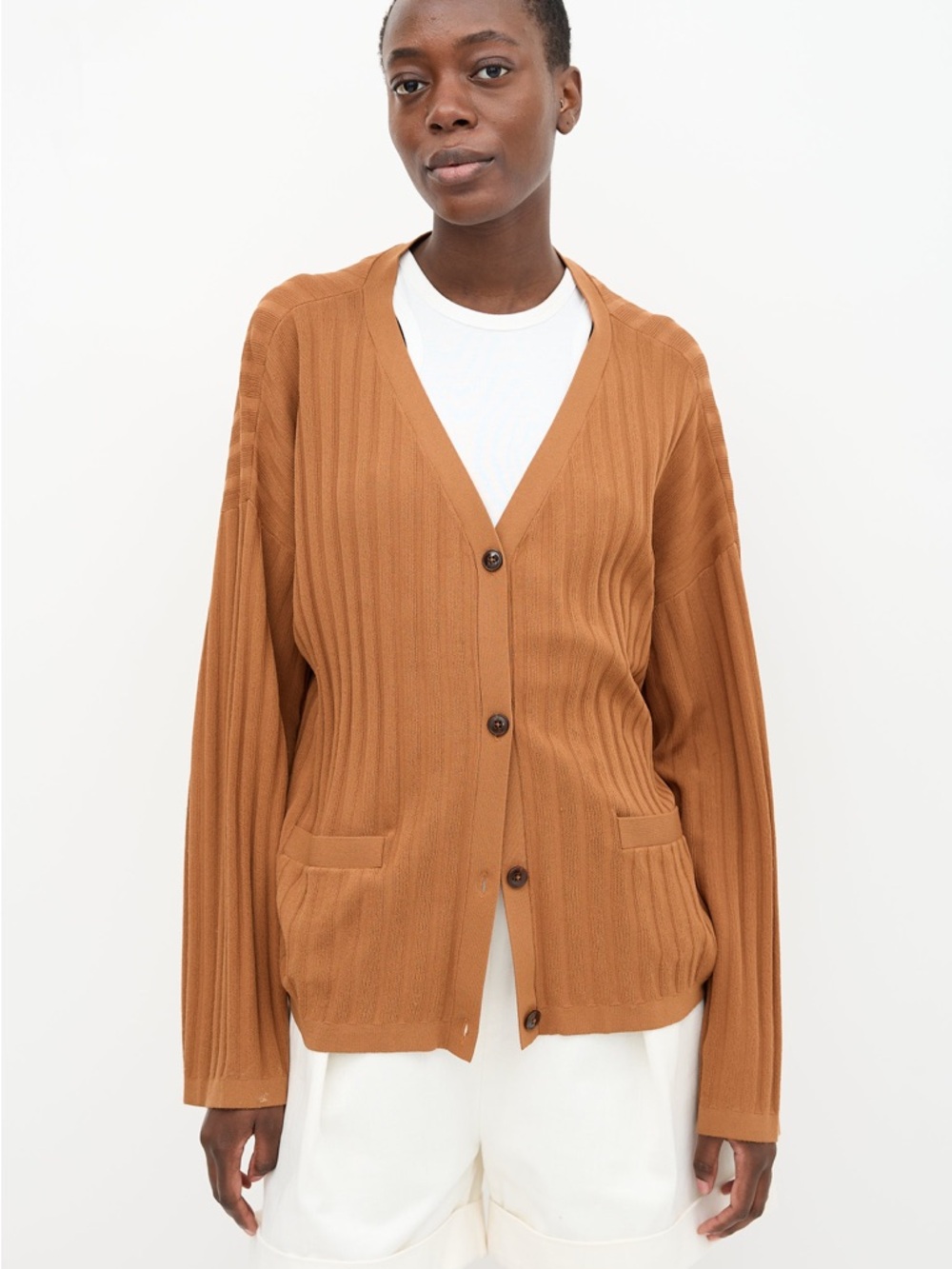 Toteme Ribbed Button-Front Cardigan in Camel Brown